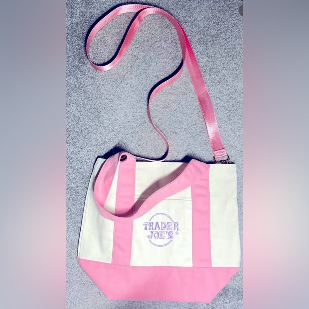 NEW Trader Joe's Mini Pastel Spring CanvasTote Bag/Purse Pink Reusable - Picture 2 of 5